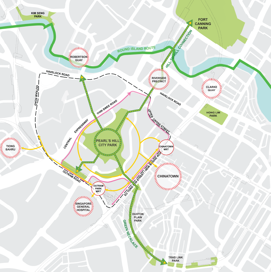 Map of Pearl's Hill City Park area in Singapore showing parks, roads, and pedestrian routes.